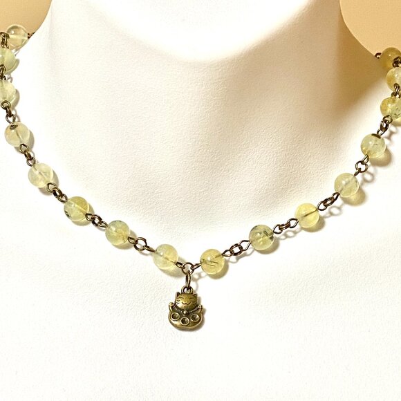 Natural Yellow Green Prehnite Necklace, Bronze Fortune Cat + Genuine Gemstone - Picture 2 of 16